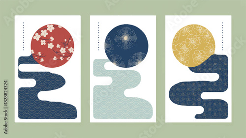 Japanese-inspired wall art set featuring cherry blossoms, moon, and sun