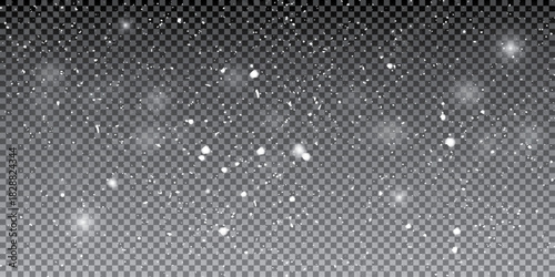 Falling snow flakes banner. White snowflakes flying in the air. Snow flakes, snow background. Winter snowfall illustration