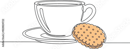 Simple line art illustration of a cup of tea with a cookie on a saucer
