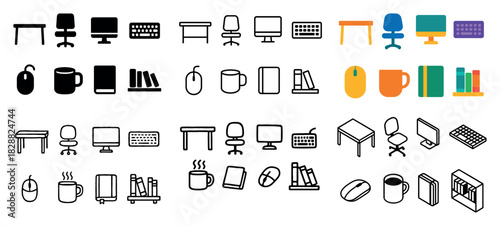 Office icons collection: furniture and tech