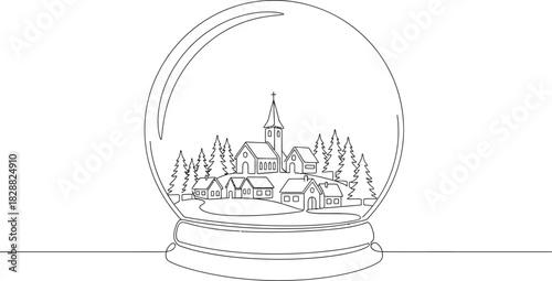 Minimalist line art of a snow globe with a winter village scene inside it design