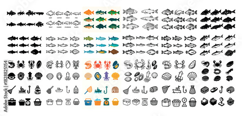 Diverse sea life and fishing icons