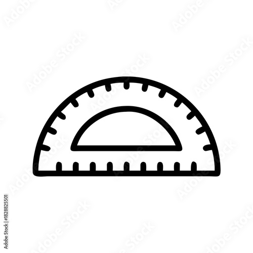 A simple black protractor icon, measuring angles and lines on a white background. a