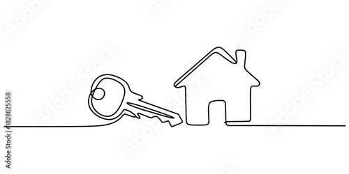 Continuous line drawing of a house and key, representing real estate, home ownership, property investment, mortgage solution, and housing security. Vector, illustration