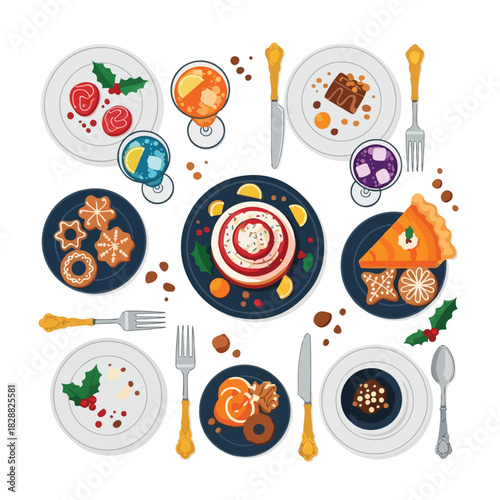 A festive holiday table setting with various plates of food, utensils, and decorations on a white background. Perfect for Christmas, Thanksgiving, and holiday menus.