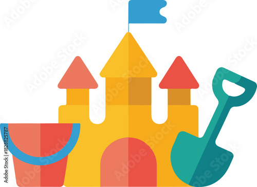 Sandcastle vector illustration with a bright red bucket and blue shovel for summer beach fun.