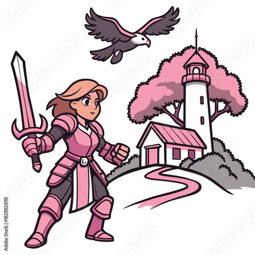 Cartoon vector illustration art of a woman knight character with sword and shield