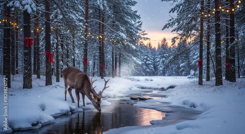 Enchanting winter wonderland with reindeer drinking from stream in snow-covered forest decorated with festive lights