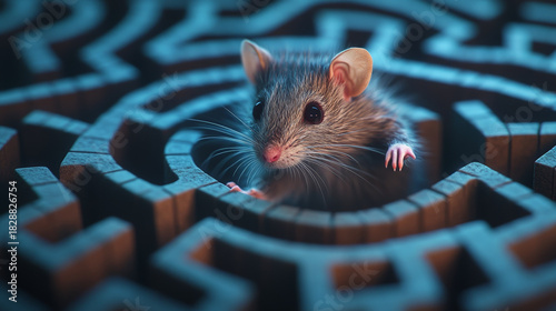 Laboratory Mouse in Intricate Maze – Dark Brick Pattern for Scientific Research and Psychology Studies