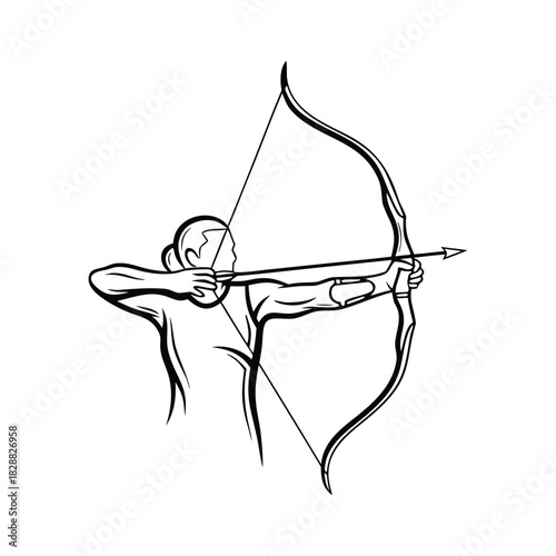 Archer aiming bow and arrow in a stylized line art drawing, focused on target practice or competition.