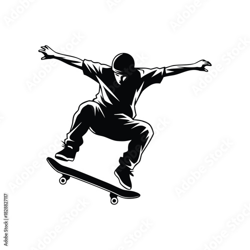 Skateboarder performing an ollie trick in mid-air, a dynamic black and white vector illustration