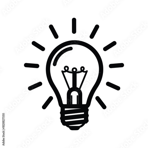 Minimalist black outline lightbulb icon with rays, symbolizing innovation and bright ideas, isolated on
