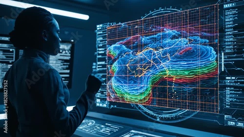 Scientist views holographic data display in dark control room