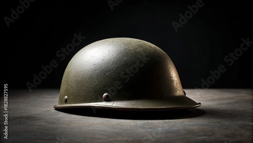 A vintage olive green military helmet rests on a dark textured surface against a black background