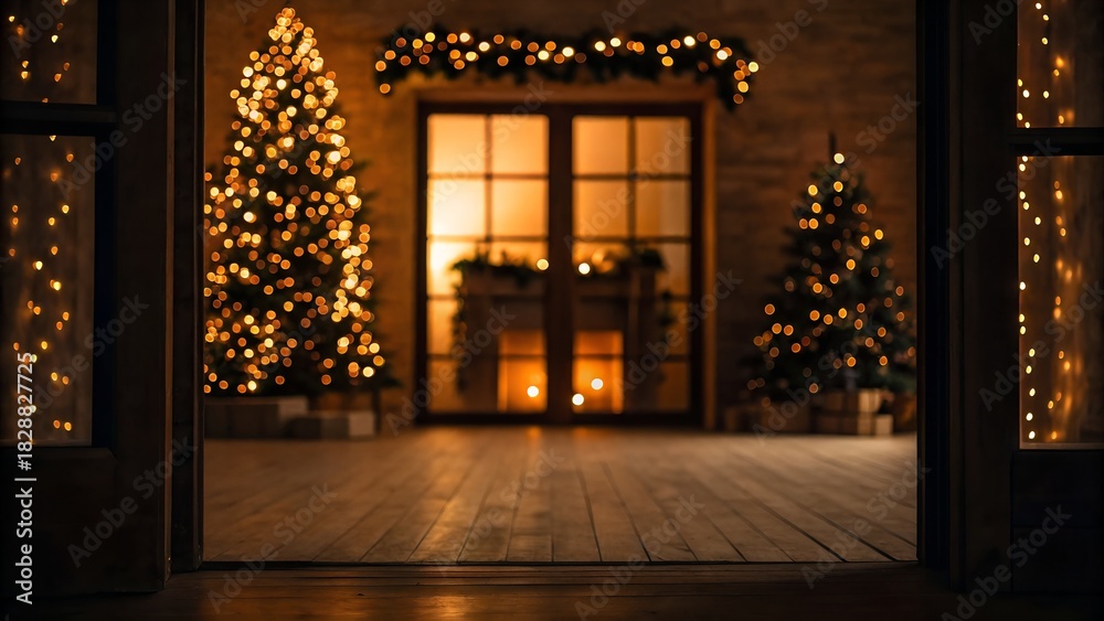 Fototapeta premium Cozy Christmas Living Room With Twinkling Lights and Decorated Trees
