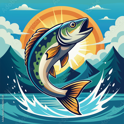 Vector illustration of a cartoon fish swimming in the blue ocean water with a splash design element