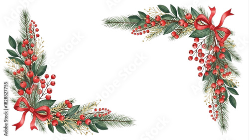Watercolor Christmas Corner Frame with Red Berries, Pine Branches, Leaves and Red Bows Illustration