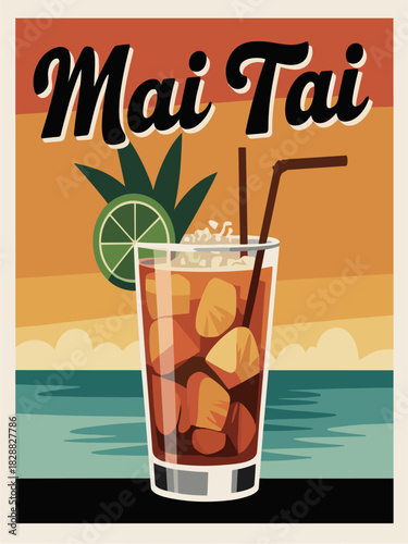 Retro Mai Tai cocktail poster with sunset stripes, turquoise ocean, vintage typography, and garnished drink in a tall glass. Tropical, bold, nostalgic vector advertisement style