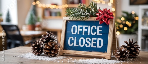 Festive office closed sign with pinecones and christmas lights for holiday season closure and seasonal break