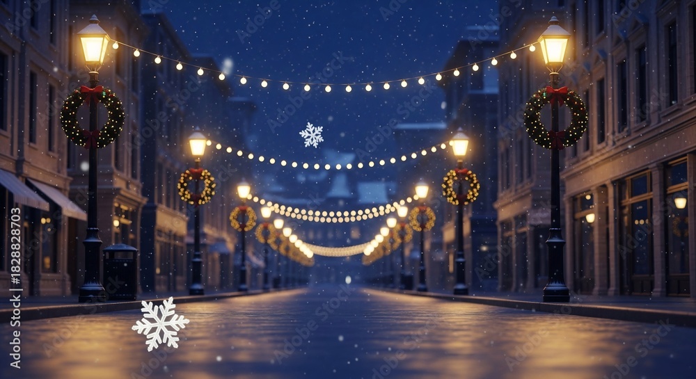 Obraz premium Winter Wonderland Cityscape: Decorated Street Lamps and String Lights in Falling Snow
