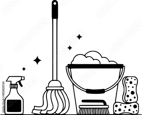 Cleaning Supplies Icons Mop, Bucket, and Cleaning Essentials for a Spotless Home
