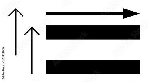 Two upward arrows, one forward arrow, and horizontal bars represent progress, ascent, direction, growth, motivation focus action. Ideal for business goals success innovation opportunity. Simple