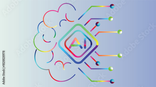Innovative AI brain interface connecting human intelligence with digital technology for future solutions, a modern technology concept with colorful accents.