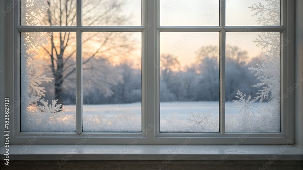 Naklejka premium Frosty Windowpane With Winter Landscape at Sunrise Warm Light Through Trees