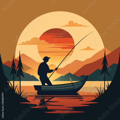 Silhouette of a fisherman in his boat against the vibrant sunset over the ocean with a striking reflection on the water