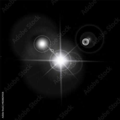 Golden sparkle lights, flashing lights, light effects, sunlight lens flare, glowing ray beams, sparkling starsicon on black background.