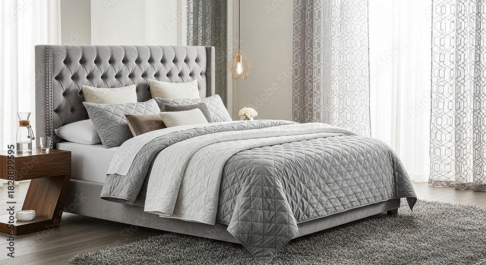 Obraz premium Luxurious gray tufted bed with quilted bedding