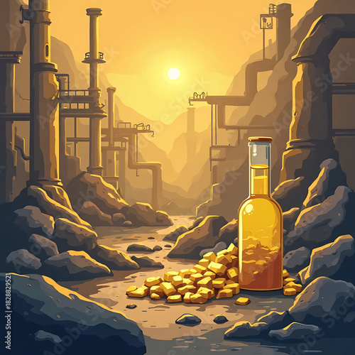 Golden Elixir Flows Through Industrial Landscape at Sunrise A Metaphor for Wealth and Progress