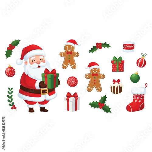 Happy Santa Claus cartoon illustration with winter gifts and a Christmas tree for the holiday season