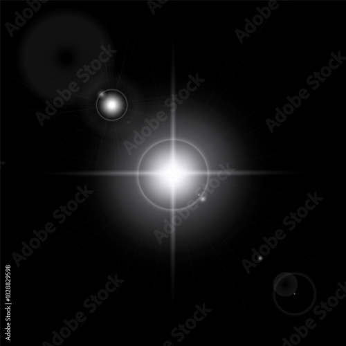 Golden sparkle lights, flashing lights, light effects, sunlight lens flare, glowing ray beams, sparkling starsicon on black background.