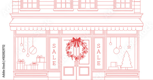 Storefront decorated for christmas sale with wreath and gifts in the window
