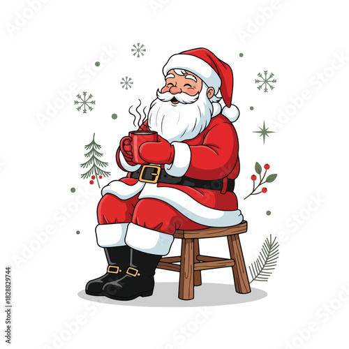 Merry Christmas illustration of Santa Claus with gifts and a bag in the snow near a winter holiday tree