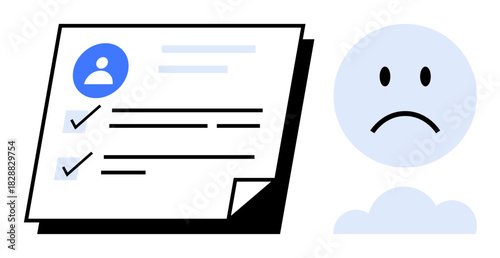 Negative feedback concept. Negative feedback highlighted with a checklist and sad face imagery. Negative feedback reflects rejected action in online profiles. For HR systems, user interfaces