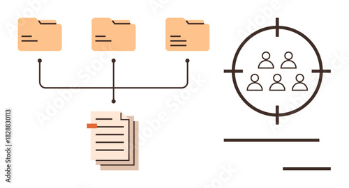 Connected folders and documents, target-focused group visualization. Ideal for organization, data management, teamwork, audience targeting, marketing, system processes, simple flat metaphor