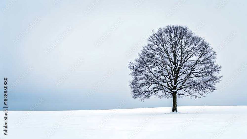 Fototapeta premium Solitary Snow Covered Tree Stands Against A Muted Blue Sky Over A White Snowy Field