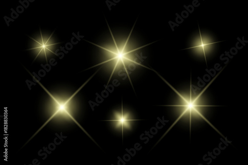 Golden sparkle lights, flashing lights, light effects, sunlight lens flare, glowing ray beams, sparkling starsicon on black background.