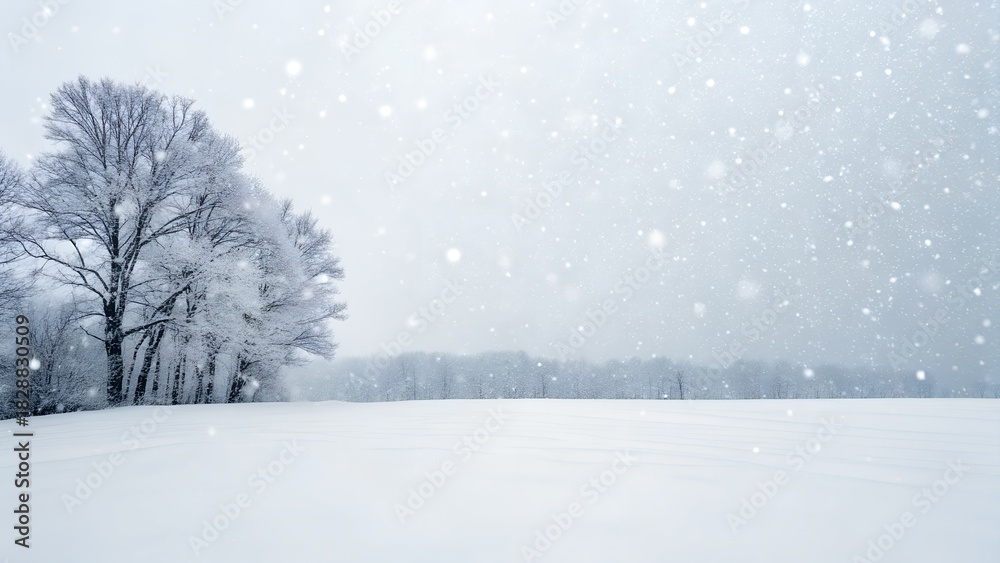 Fototapeta premium Winter Landscape Gentle Snowfall Over Frost Covered Trees And Snowy Field