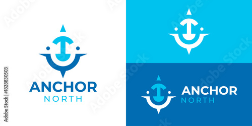 Creative simple anchor north logo template. Abstract compass with anchor logo design vector illustration.