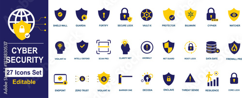 Cyber Security Icons Set: Digital data protection, network safety, firewall, secure lock, VPN, and privacy shield vector concepts; editable vector pack for technology and IT projects.
