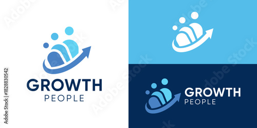 Creative simple growth people logo template. People human person leader with arrow up symbol teamwork logo design vector illustration.