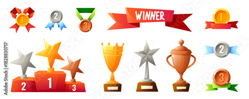 Colorful trophies, medals, and ribbons in various designs. Includes first, second, and third place podiums. Represents achievement and competition.