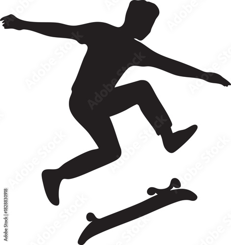 Dynamic Skate: A silhouette captures a skateboarder mid-air, perfectly executing a gravity-defying trick against a clean backdrop. A perfect embodiment of skateboarding and its culture