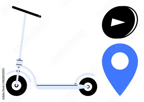 Electric scooter with wheels, GPS location pin, and play button representing travel, navigation, innovation, eco-friendly commuting, ride sharing, smart mobility, and technology in a simple flat