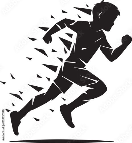 Dynamic Velocity: A silhouetted figure bursts with speed, his form fragmented into geometric shapes to emphasize motion and energy.