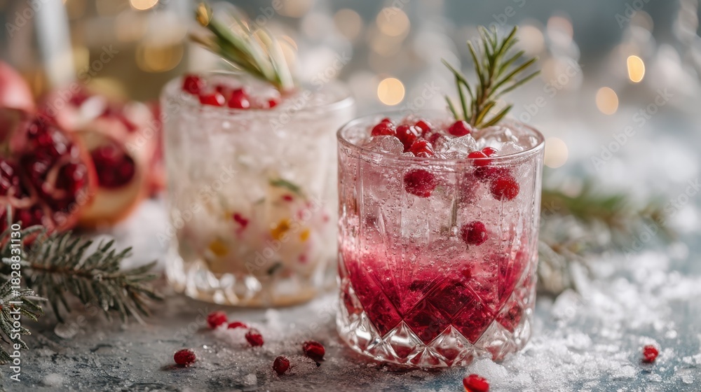 Naklejka premium Two refreshing cocktails featuring pomegranate and rosemary are presented in stylish glasses. The drinks are set on a winter themed table surrounded by decorative snow and shimmering lights.