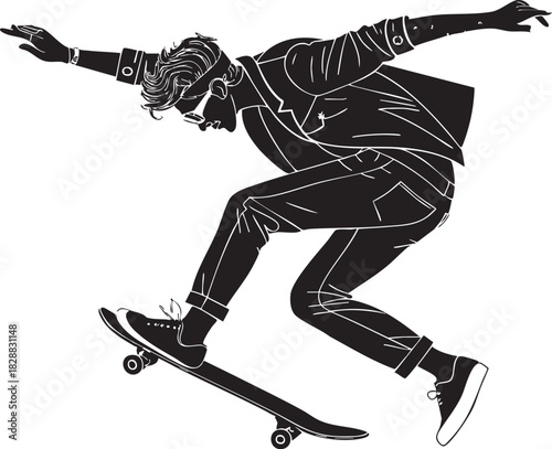 Dynamic Skateboarding Silhouette: A daring skateboarder executing a graceful trick, captured in a striking silhouette that highlights their agility and skill.